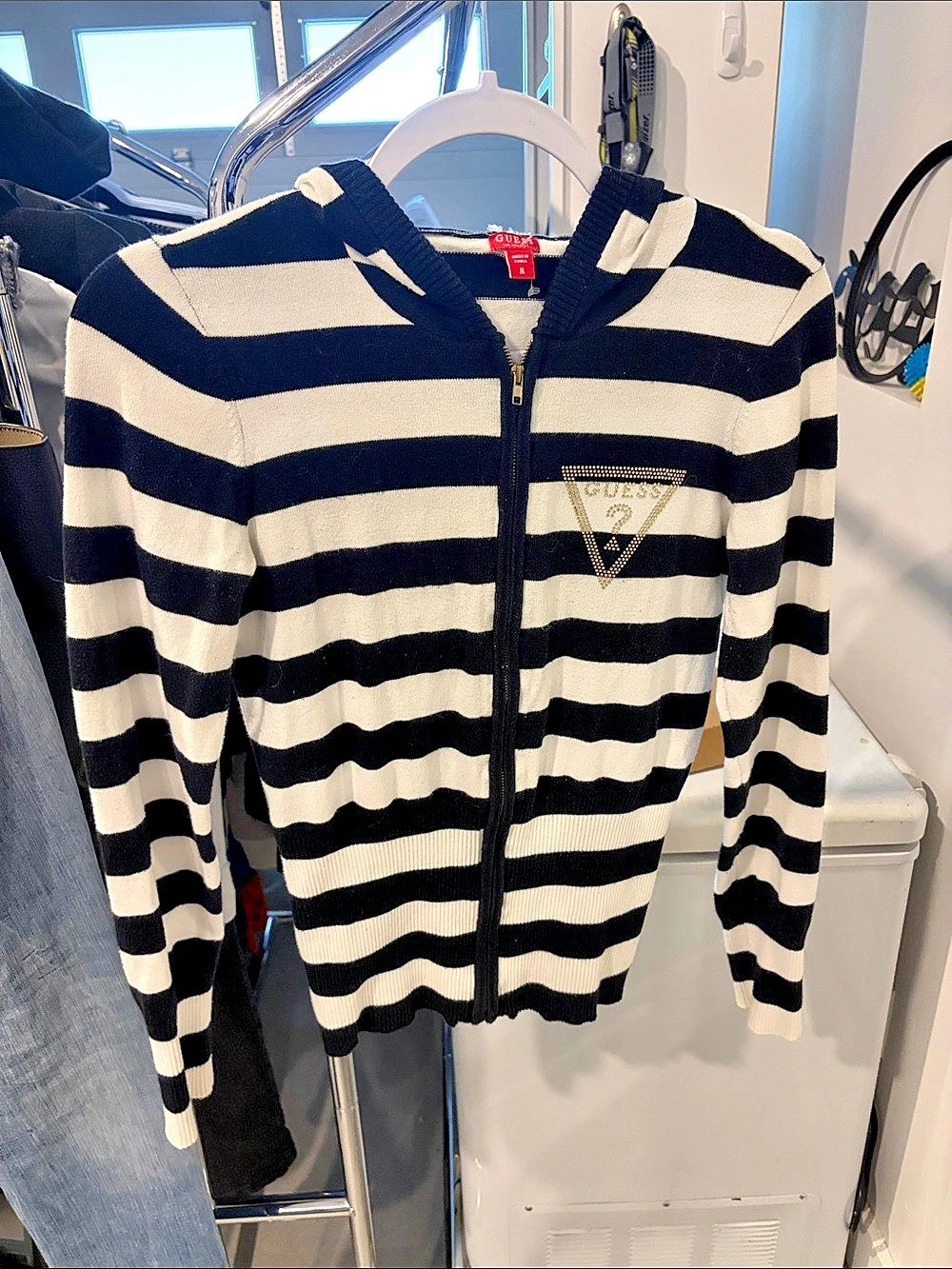 Guess Striped Zip Front Sweater in Black & White
